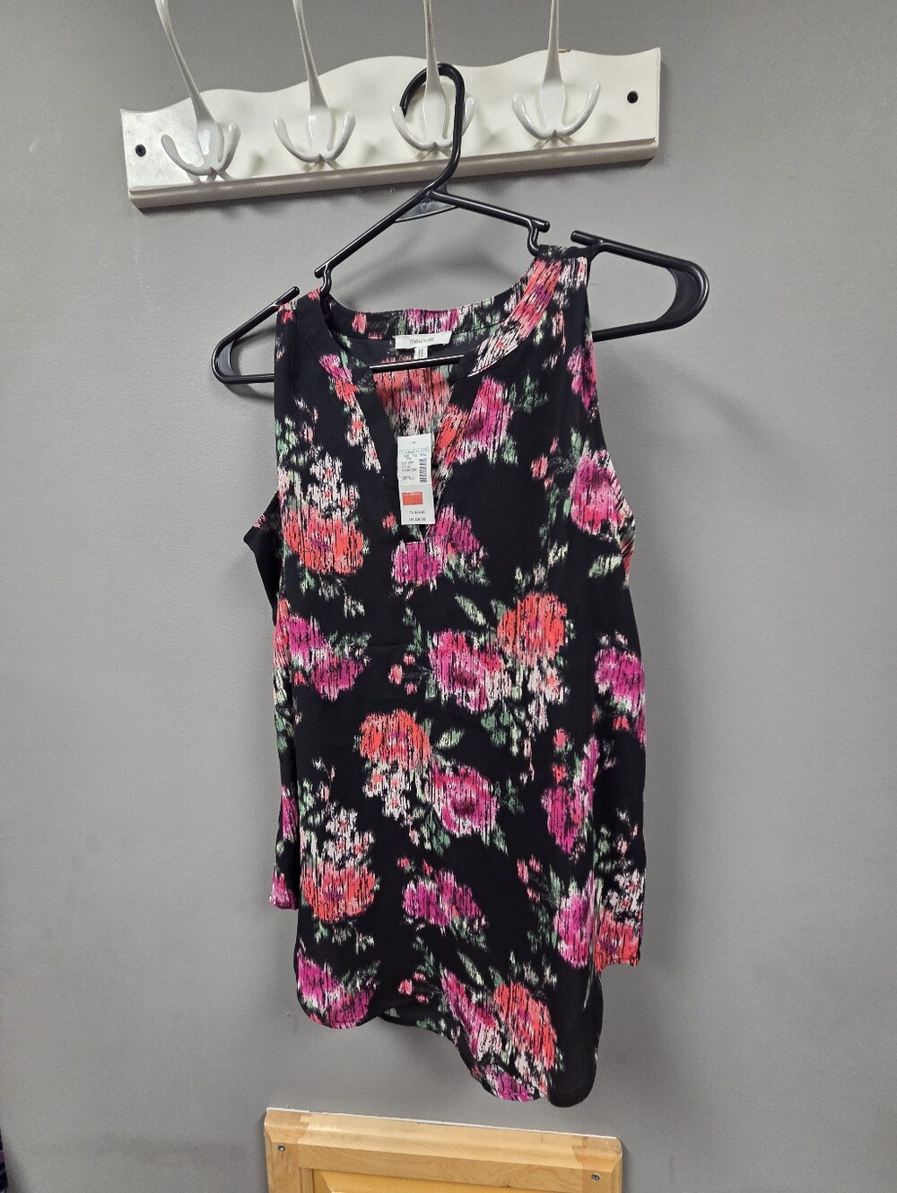 Maurices Black Floral Sleeveless Keyhole Tank with Pink and Coral Blooms